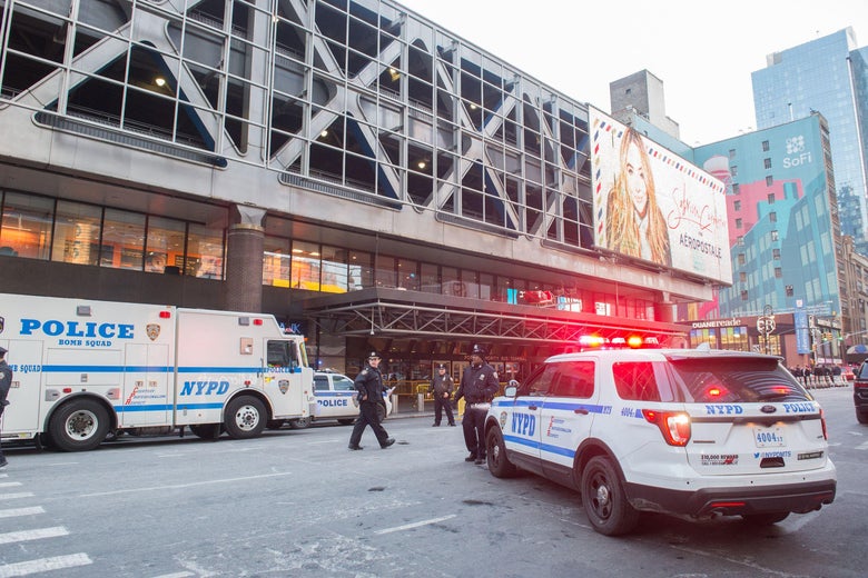 Police and other first responders respond to a reported explosion at the Port Authority Bus Terminal on December 11, 2017 in New York.
New York police said Monday that they were investigating an explosion of 'unknown origin' in busy downtown Manhattan, and that people were being evacuated. Media reports said at least one person had been detained after the blast near the Port Authority transit terminal, close to Times Square.Early media reports said the blast came from a pipe bomb, and that several people were injured.
/ AFP PHOTO / Bryan R. Smith (Photo credit should read BRYAN R. SMITH/AFP/Getty Images)